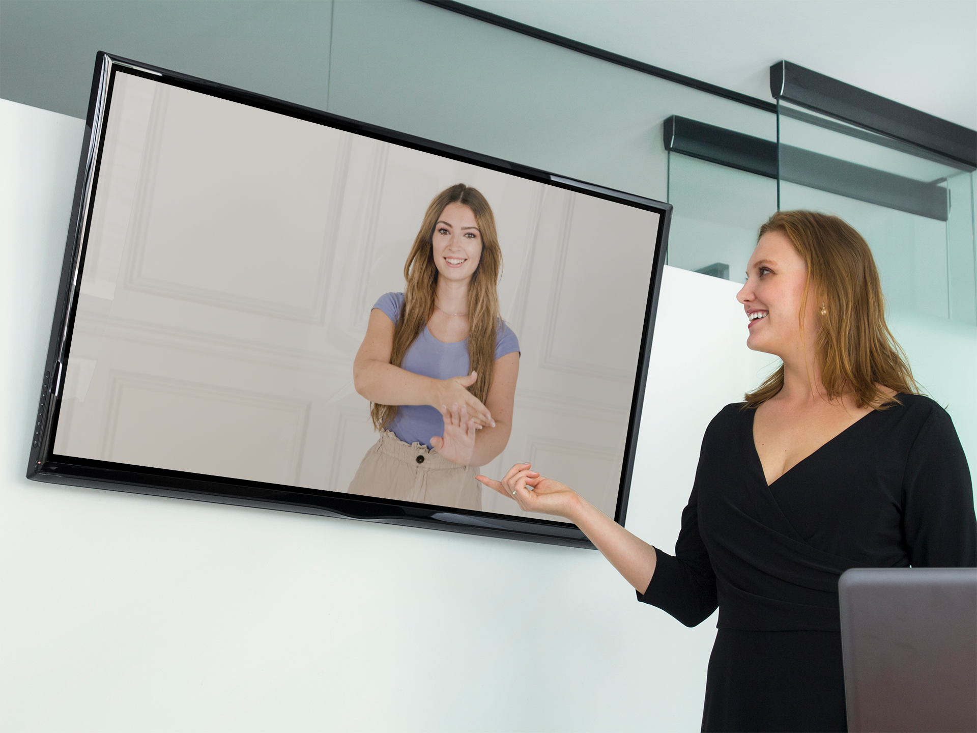 A woman points to a TV displaying a woman performing sign language